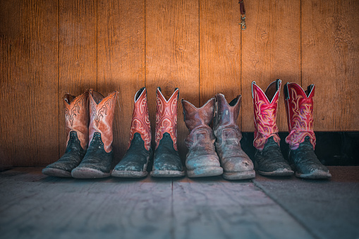 Cowboy boots lined up next to a wooden horse barn wall.