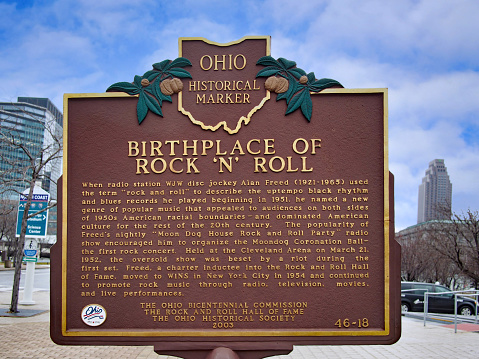 Cleveland, Ohio - December 14, 2014: Historical marker for the invention of Rock and Roll Hall  in Cleveland