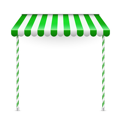 Green shop sunshade with stand holders. Realistic striped cafe awning. Outdoor market tent. Roof canopy. Summer street store. Vector illustration.