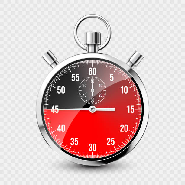istock Realistic classic stopwatch. Shiny metal chronometer, time counter with dial. Red countdown timer showing minutes and seconds. Time measurement for sport, start and finish. Vector illustration 1497756753