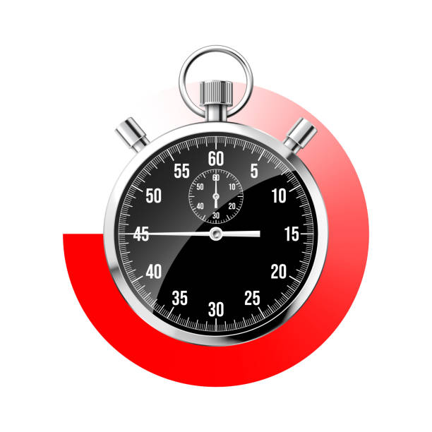 istock Realistic classic stopwatch. Shiny metal chronometer, black time counter with dial. Red countdown timer showing minutes and seconds. Time measurement for sport, start and finish. Vector illustration 1497756780