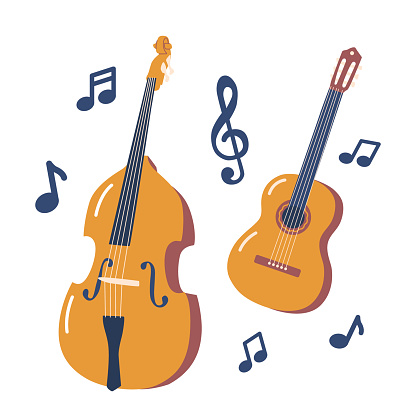 Contrabass, Deep-toned, Large-sized String Instrument Played With A Bow, Known For Its Rich And Resonant Sound. Guitar, Versatile String Instrument With A Fretted Neck. Cartoon Vector Illustration
