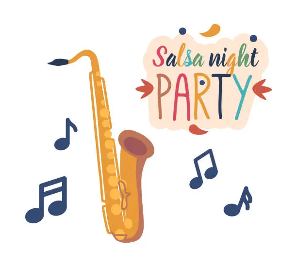 Vector illustration of Salsa Night Party Banner With Saxophone Brass Wind Instrument Known For Its Smooth And Soulful Sound