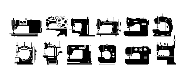 Set of Sewing Machines Black Icons. Mechanical Devices Used To Stitch Fabrics And Textiles Together With Precision And Efficiency. They Automate The Sewing Process. Vector Illustration, Pictograms