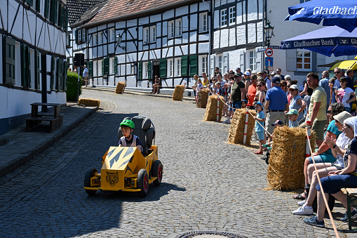 Korschenbroich, Germany, June 11, 2023 - Soapbox race in the historic old town of Liedberg.