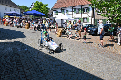Korschenbroich, Germany, June 11, 2023 - Soapbox race in the historic old town of Liedberg.