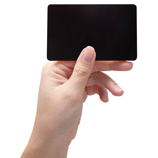 istock Woman hand hold black empty card isolated on white background. 1497759252