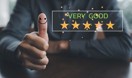 The power of customer satisfaction. A hand with a thumbs up and five-star icon, signifying positive feedback and excellent service. Perfect for digital marketing, reviews, and surveys