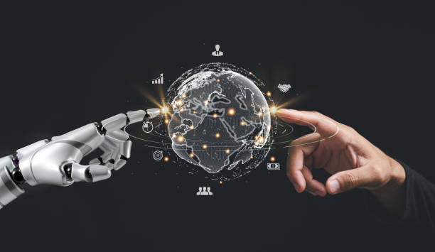istock Business people and a robot hand point at smart business technology 1497760409