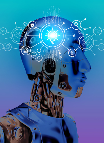 Brain working of Artificial Intelligence (AI) with 3d rendering robot showing all smart technology icons, digital element on blue background. Robotic on interface and network connection concept.