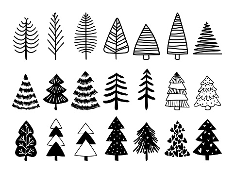 Set of hand drawn Christmas trees. Christmas collection of decorative trees