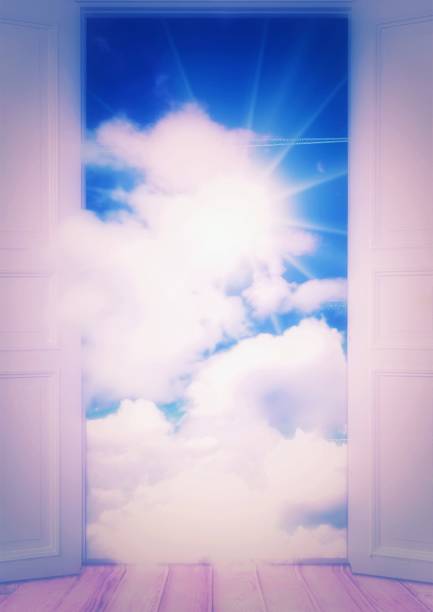 istock 3d illustration of a sky landscape seen through an open door 1497766577