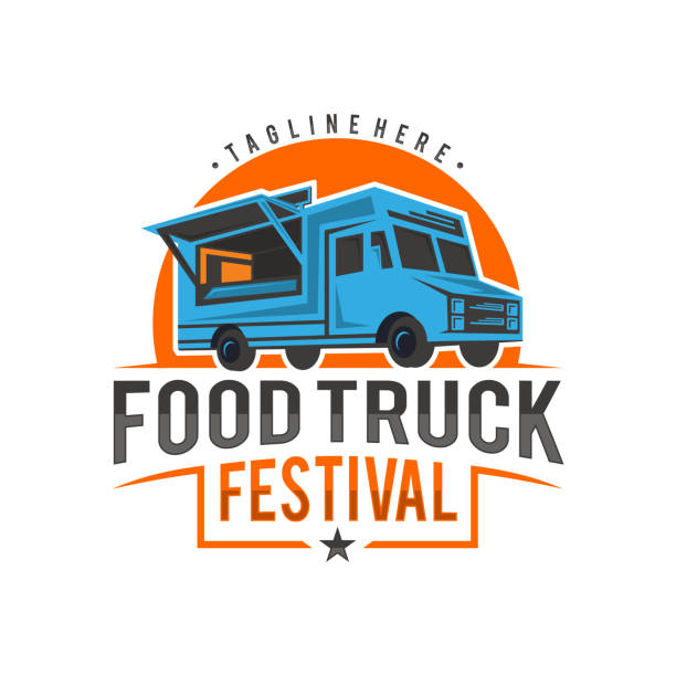 illustrazioni stock, clip art, cartoni animati e icone di tendenza di logo emblema del vettore del food truck festival - food truck