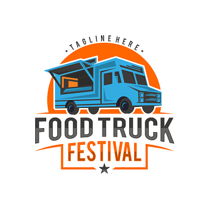 Emblem logo of Food Truck Festival vector template retro look. Vector illustration