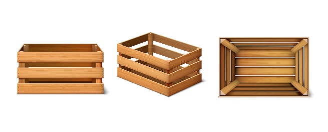 3d realistic vector set of cargo wooden boxes in side front and top view. Isolated on white background.