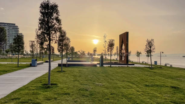 Zeytinburnu,istanbul,Turkey.May 16,2023.It is on the shore of the Marmara Sea and surrounded by modern buildings Balkan cities park with active and passive green areas in Zeytinburnu district. istanbul city. Nature view.Marmara sea coastline.