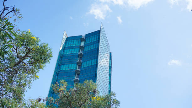 istock bottom view blue glasses building with sky and cloud background. Skyscraper, view of modern business building. Sky view landscape with modern blue glasses building. looking up perspective. Copy space 1497776227