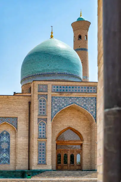 Architectural details of the Hazrati imam mosque in Tashkent, Uzbekisttan depicted in the daytime. This is part of the large Hazrati imam complex.