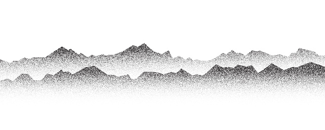Dotted mountain gradient background. Noisy stippled grainy texture. Abstract rocks landscape with peaks with sand effect. Vector halftone fade illustration.