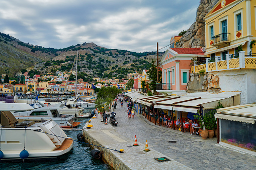 Symi, a beautiful small Greek island near Rhodes, which is visited by many tourists due to its colorful houses