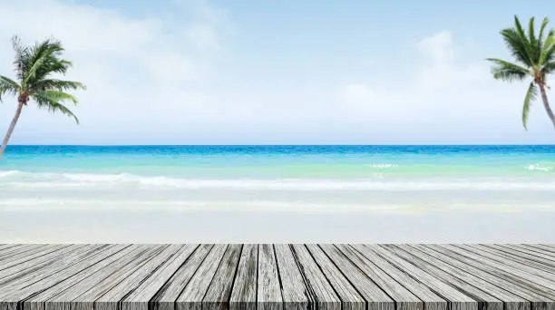 View Sea Background Terrace Balcony Wood,Deck Table on Blue Ocean with Palm Coconut Tree,Seaside Summer Holiday Nauture,Empty Mockup Product Cosmetic with Sand Beach Shore Horizon Sun Day,Island Coast