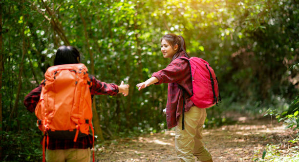 istock Two hikers with backpacks walking in the forest 1497781453