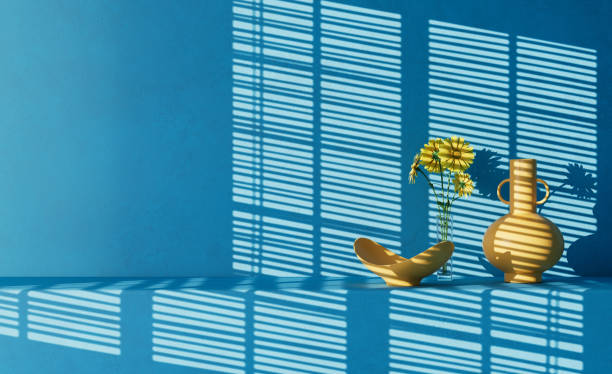 Interior Room 3D Rendered Still Life Vase, Bowl and Daisy flowers and Casted window Shadow