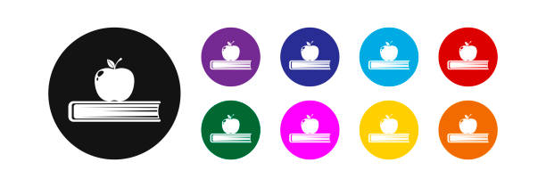 애플과 책 아이콘입니다. - apple stack white backgrounds stock illustrations