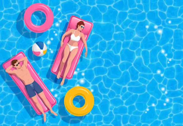 Vector illustration of Summer swimming pool with girlfriend and boyfriend in swimming pool