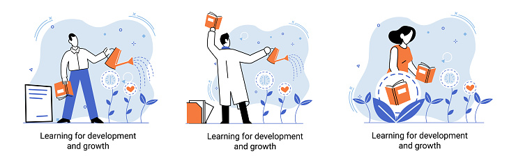 Learning development and growth. Self-learning metaphor, online emoloyee education distance e-learning. Skill improvement. Self development program way to success. Goal achieving professional training