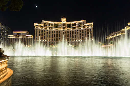 Las Vegas, USA - October 6, 2009: Bellagio fountains, here captured with multiple long exposures.are one of the landmarks of Las Vegas, located on the famous Las Vegas Strip where many of the largest hotel, casino and resort properties in the world are located. Nineteen of the world's 25 largest hotels by room count are on the Strip, with a total of over 67,000 rooms.