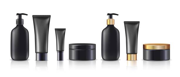 istock Big collection of realistic vector cream bottles and jars in black with or without golden lids. Isolated on white background. 1497792367