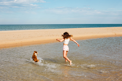 Beautiful fashionable young girl having fun on the beach barefoot with her dog