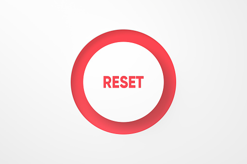 Push button with the word reset on white background. Top view. 3D render.