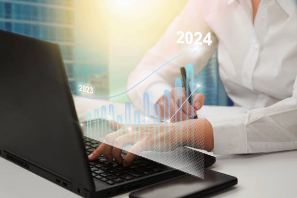 istock Growing virtual hologram stock chart in New Year 2024. Developnent, planning and strategy, stock market, business progress, motivation or success concept. 1497792675