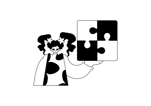 daughter with a puzzle in her hand . black and whiten line art. Trendy style, Vector Illustration