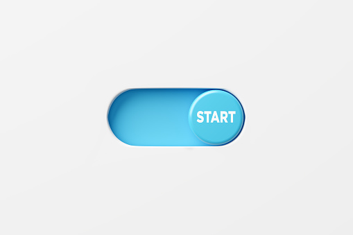 To make a new start or start something in life, business, education or career concept. On and off toggle switch button with the word start. 3D render.