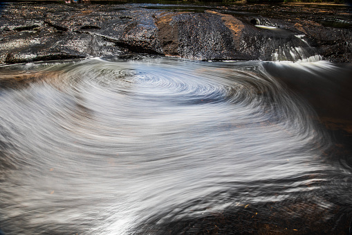 Natural abstract patterns on water surface of rock pool captured with long exposure.