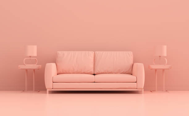 istock Pink monochrome interior space with sofa, end tables and lamps. 3D render. 1497793835