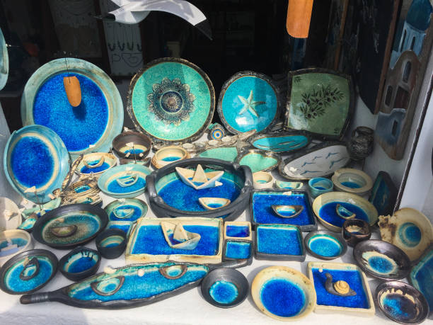 Santorini, Greece - Oct 10, 2018. Handmade souvenir store at market on Santorini Island, Greece.