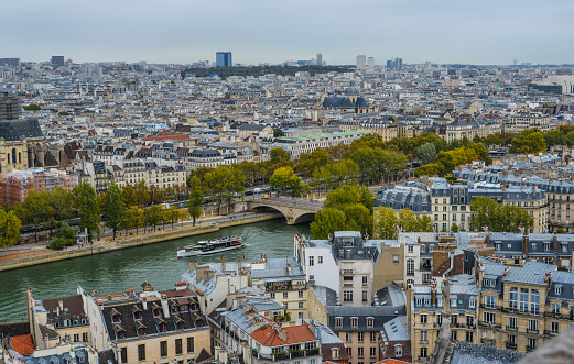 Paris, France - October 2, 2018. Aerial view of Paris with its typical buildings. Paris is a global center for art, fashion, gastronomy and culture.