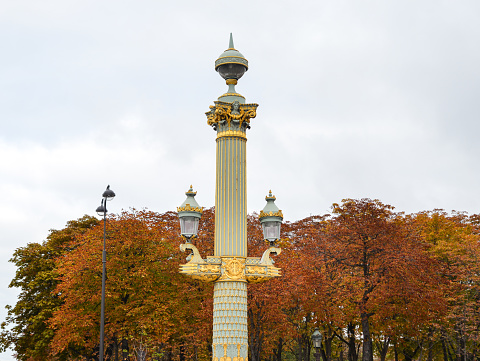 Paris, France - Oct 3, 2018. Ancient streetlight at Place de la Concorde in Paris, France.