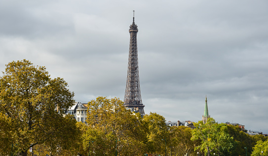 Aerial view of Champ de Mars from the Eiffel Tower in Paris, France. Wide angle shot of the Champ de Mars.