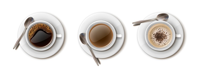 3d realistic vector set of white coffee cups for cafe and restaurant drink menu, americano, cappuccino, black coffee.