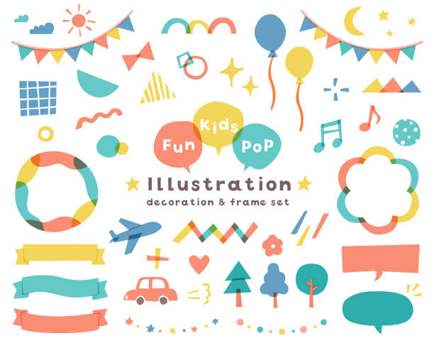 Set of illustrations of kids, children, fun, pop scenes. Set of illustrations of kids, children, fun, pop scenes.
There are frames, balloons, decorations, ribbons, garlands, etc.
These illustrations are bright and exciting. kid's stock illustrations