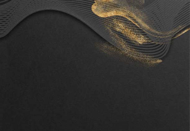 テキスト用のスペースを持つ和風の抽象的背景。左側の金色の曲線のブラシストローク。暗いビンテージスタイルのテンプレート。黒い背景。