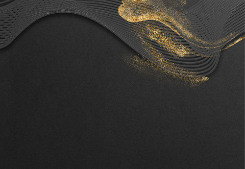 Japanese style abstract background with space for text. Gold curved brush strokes on the left. Dark vintage style template. black background.