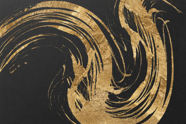 Japanese style abstract background with space for text. Gold curved brush strokes on the left. Dark vintage style template. black background.