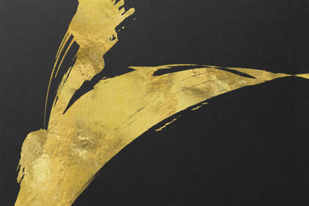 istock Japanese style abstract background with space for text. Gold curved brush strokes on the left. Dark vintage style template. black background. 1497796950