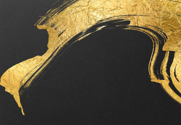 istock Japanese style abstract background with space for text. Gold curved brush strokes on the left. Dark vintage style template. black background. 1497796992